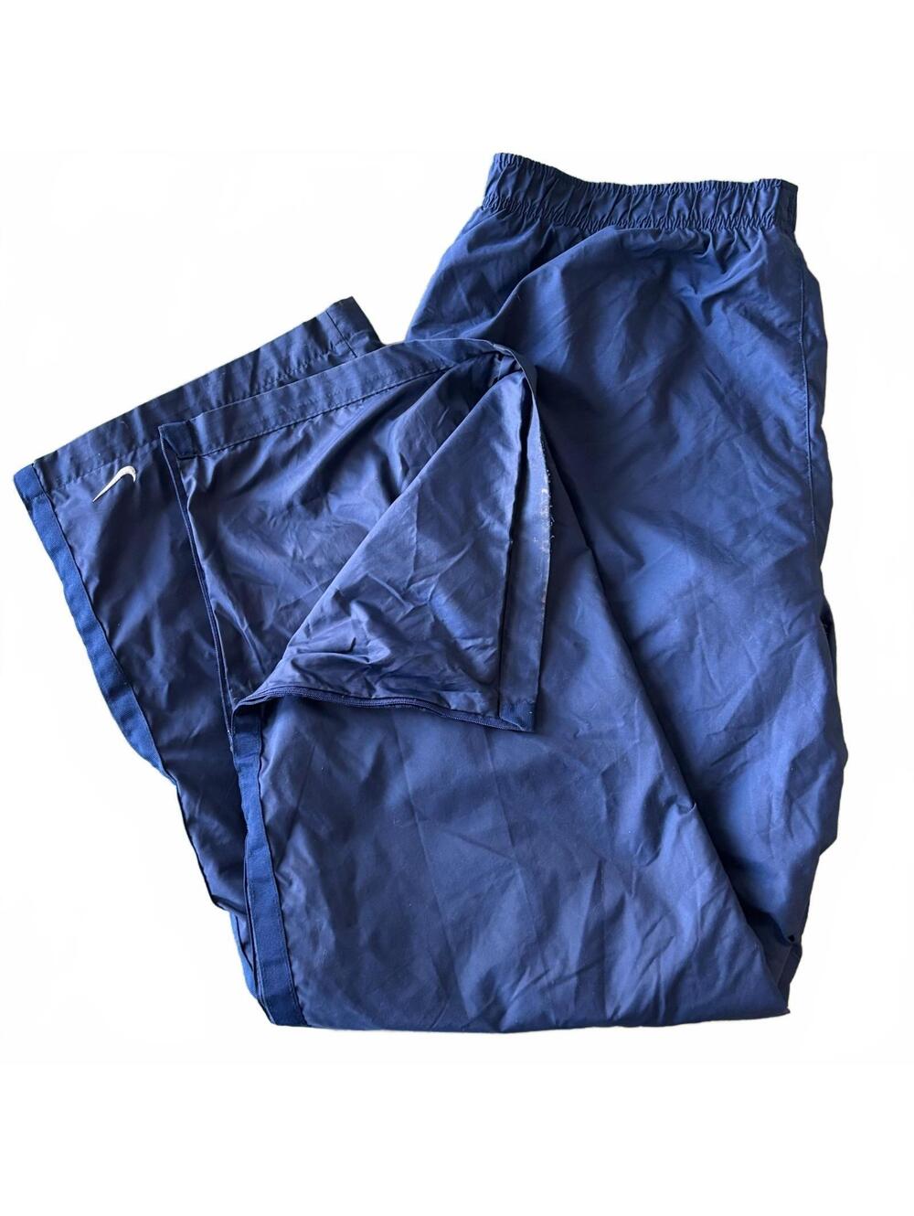 Vintage Y2K Nike Navy Nylon Track Pants Side Zip Leg Jersey Lined Swoosh Size XL